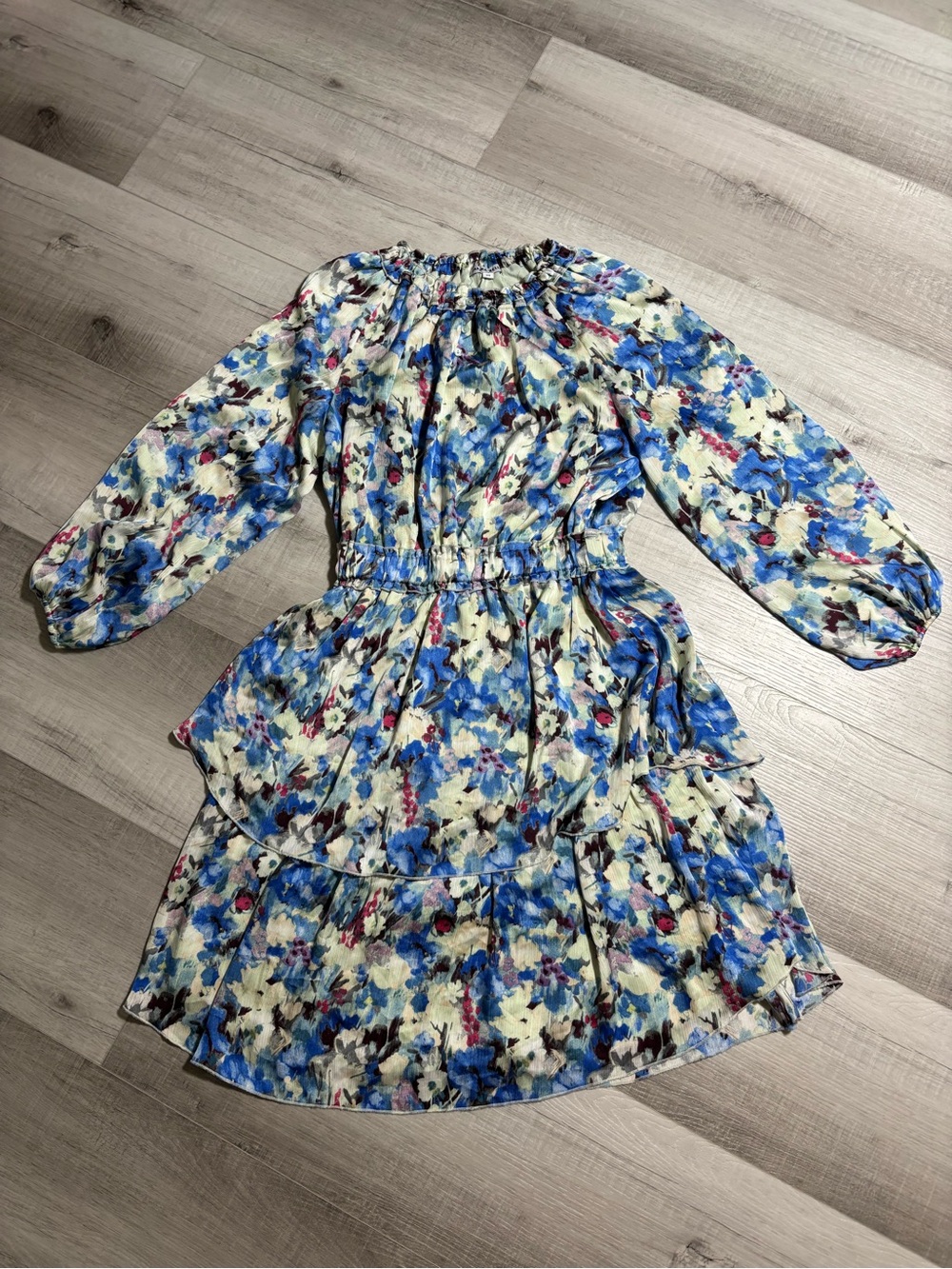 Yakira Bella Floral Ruffle Mini Dress Blue Multicolor Long Sleeve XS